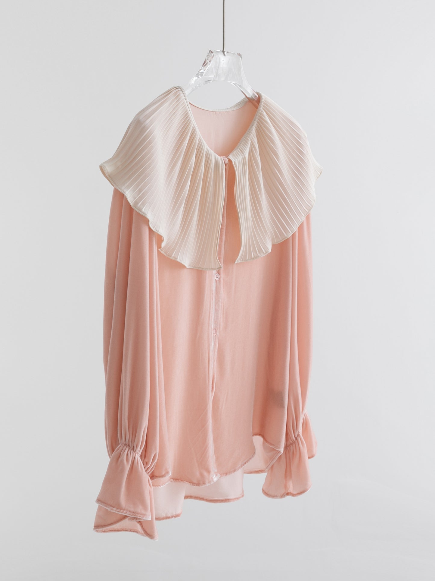 Mist Pink 100% Silk Lace Trim Long Sleeve Blouse V001