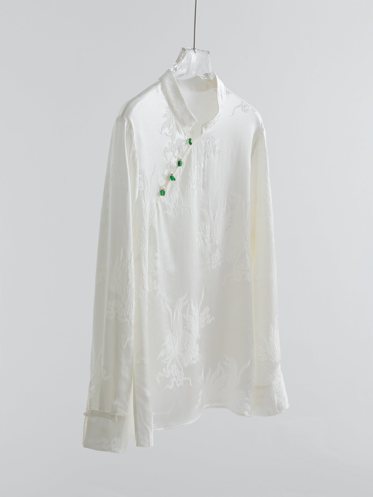 Ivory White 100% Silk Jacquard Blouse with Mandarin Collar & Knot Buttons V003