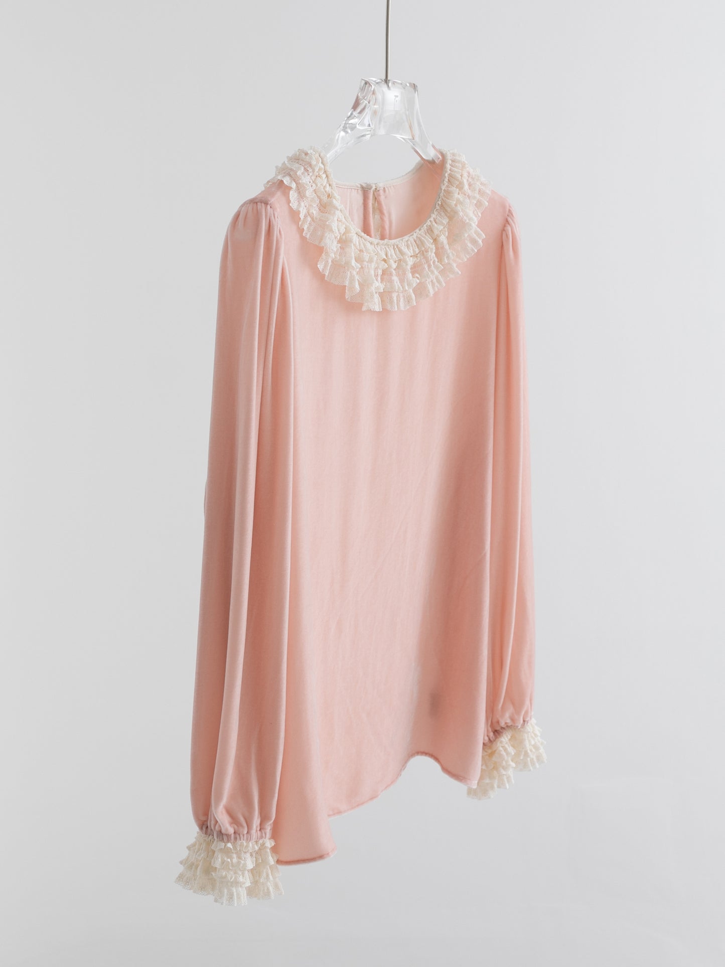 Mist Pink 100% Silk Lace Trim Long Sleeve Blouse V002
