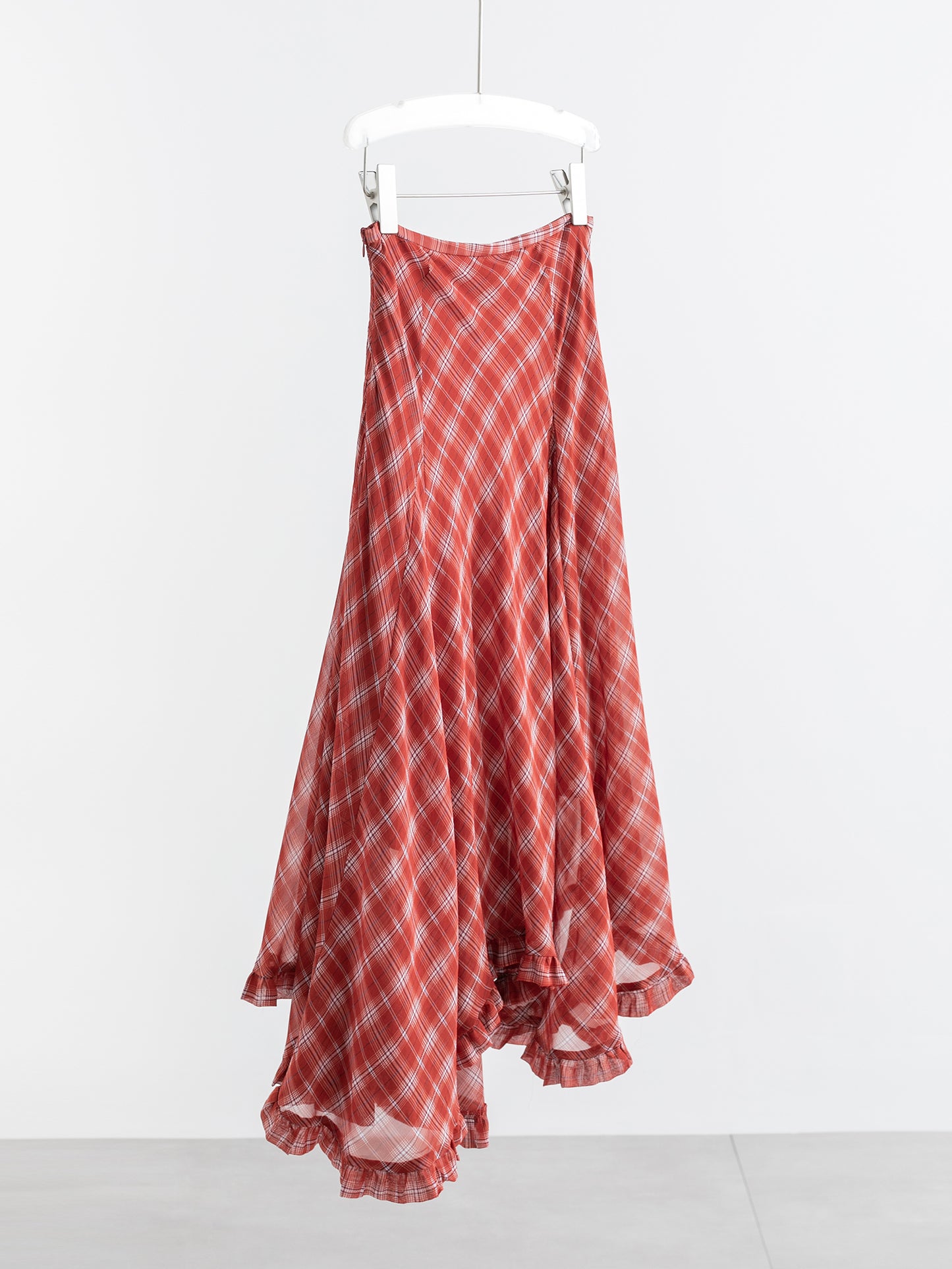 Silk Plaid Bias-Cut Ruffle Midi Skirt V011