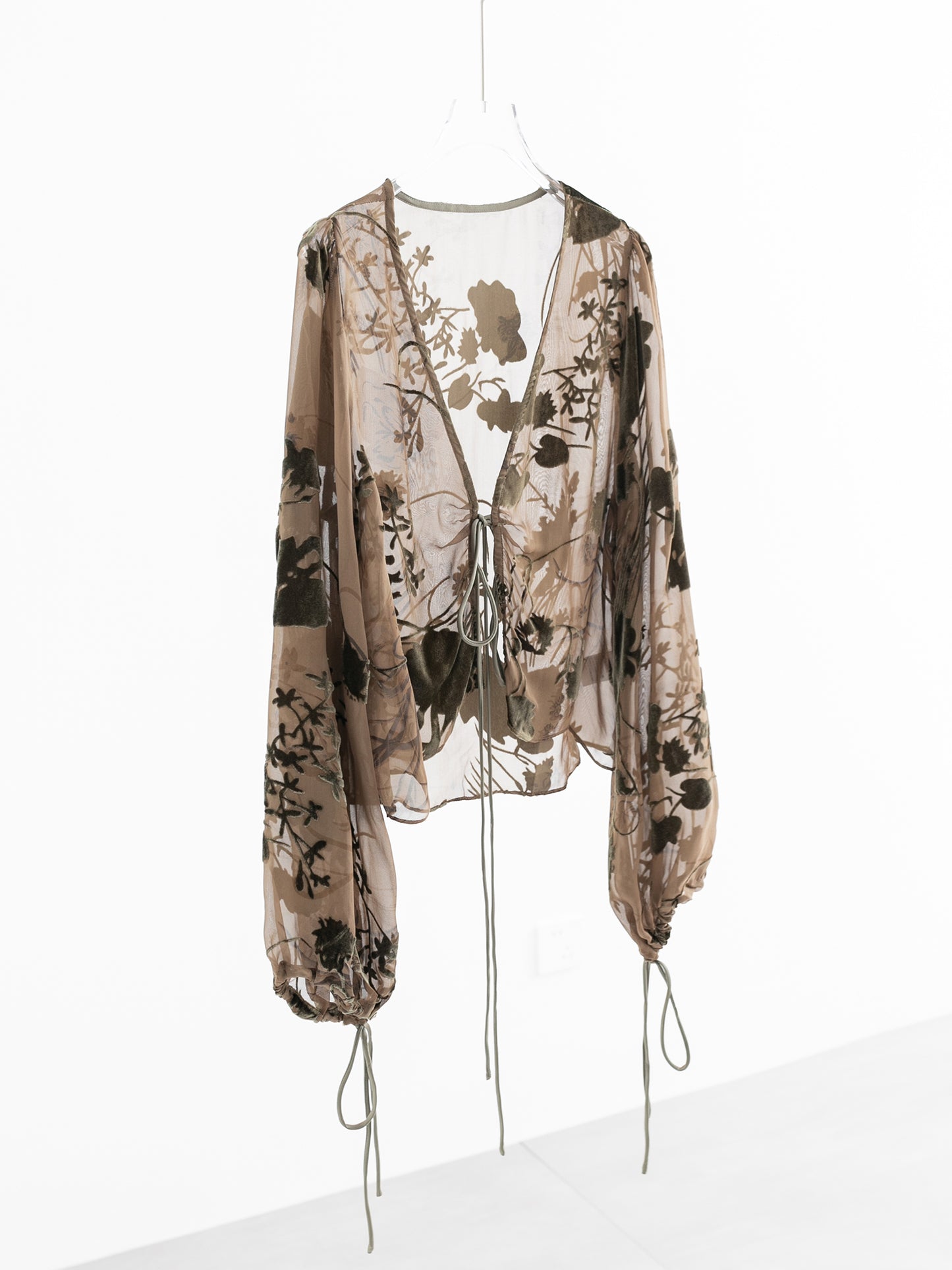 Sheer Silk Embroidered Tie Blouse V006
