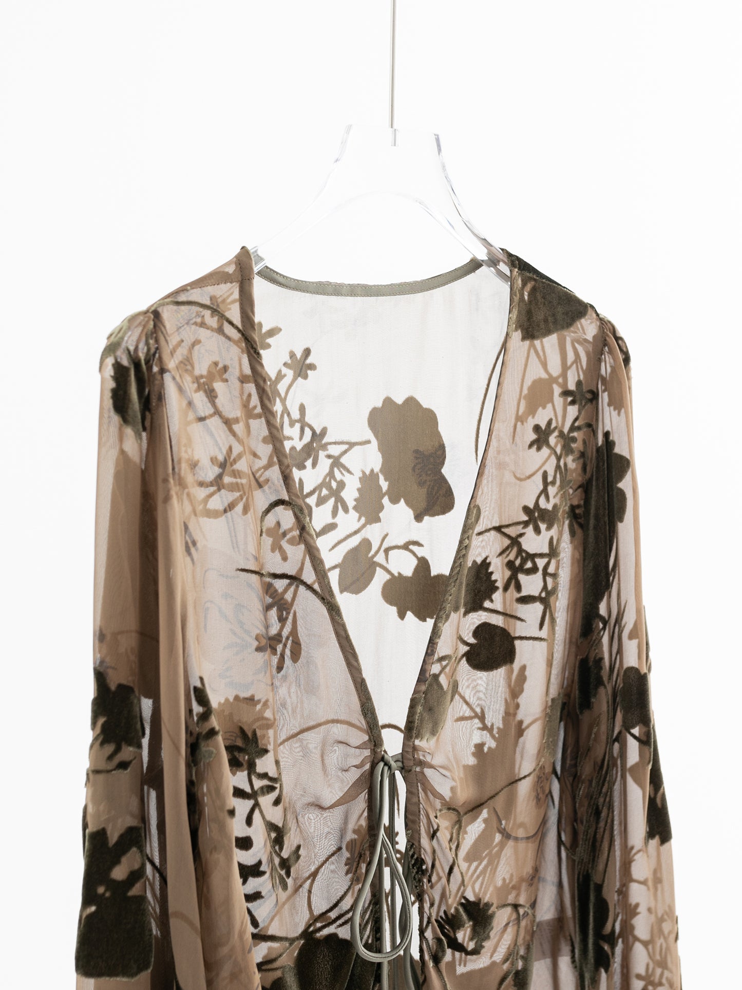 Sheer Silk Embroidered Tie Blouse V006