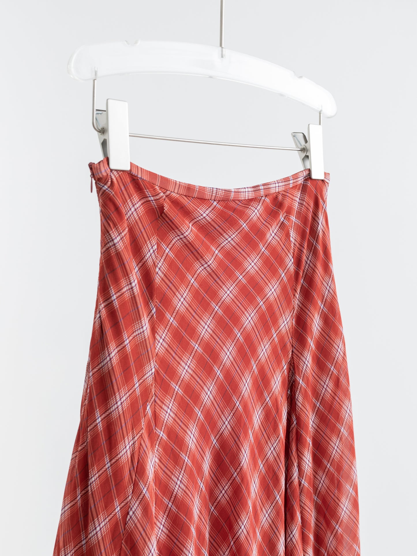 Silk Plaid Bias-Cut Ruffle Midi Skirt V011
