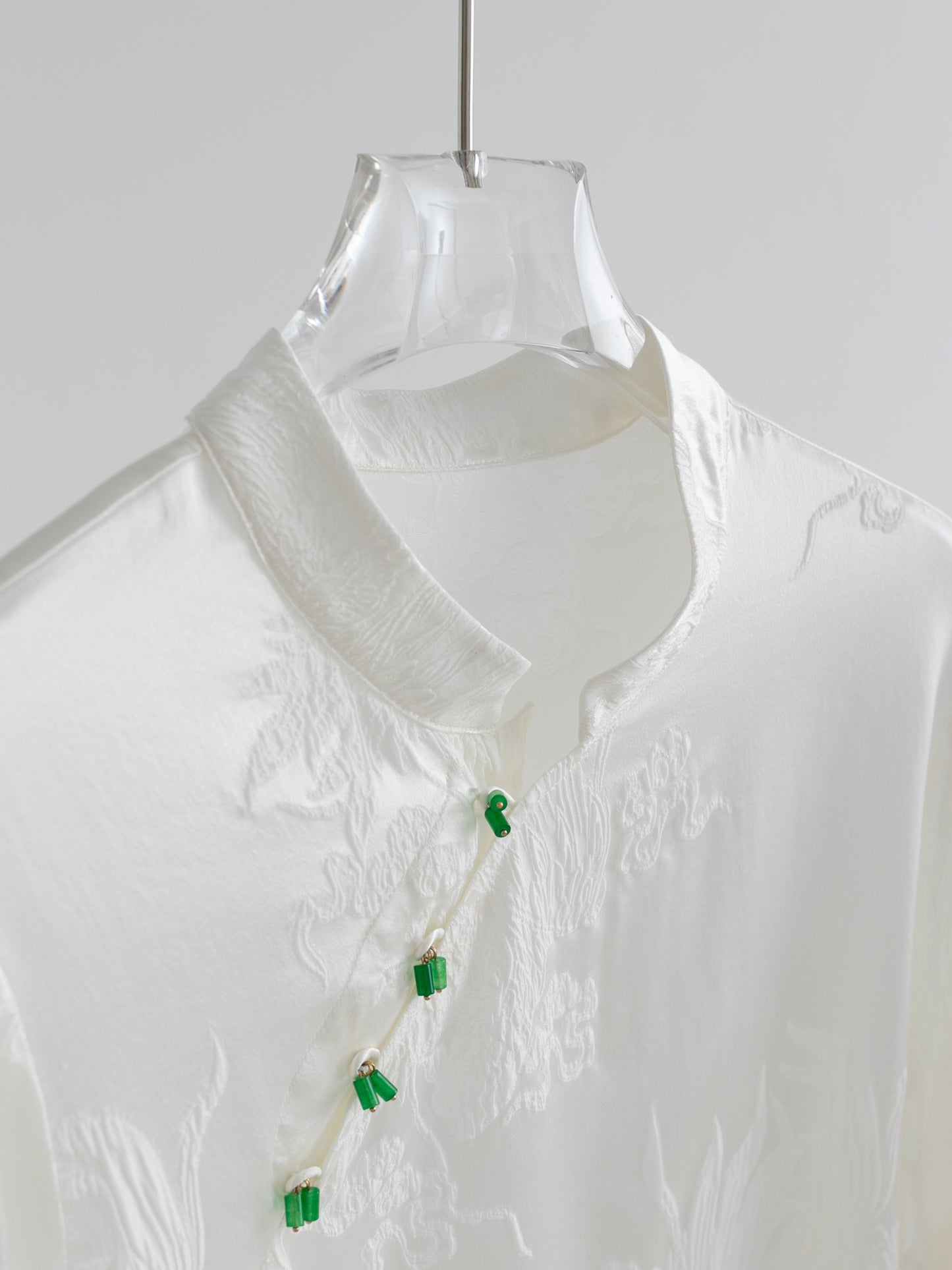 Ivory White 100% Silk Jacquard Blouse with Mandarin Collar & Knot Buttons V003