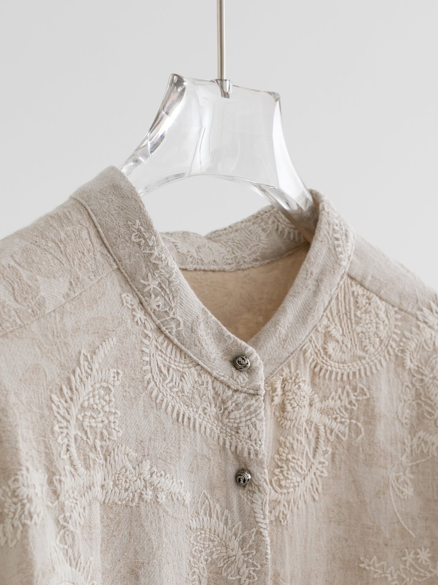 Linen-Cotton Jacquard Mandarin Collar Jacket V005