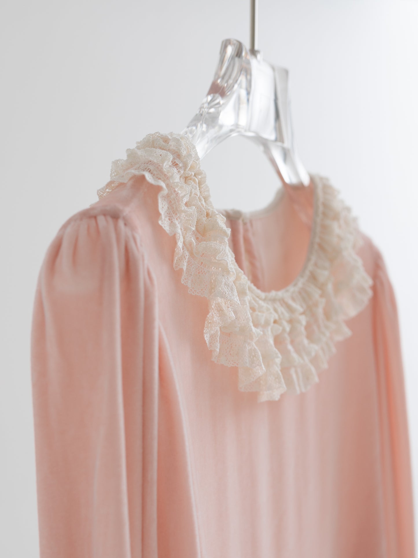 Mist Pink 100% Silk Lace Trim Long Sleeve Blouse V002