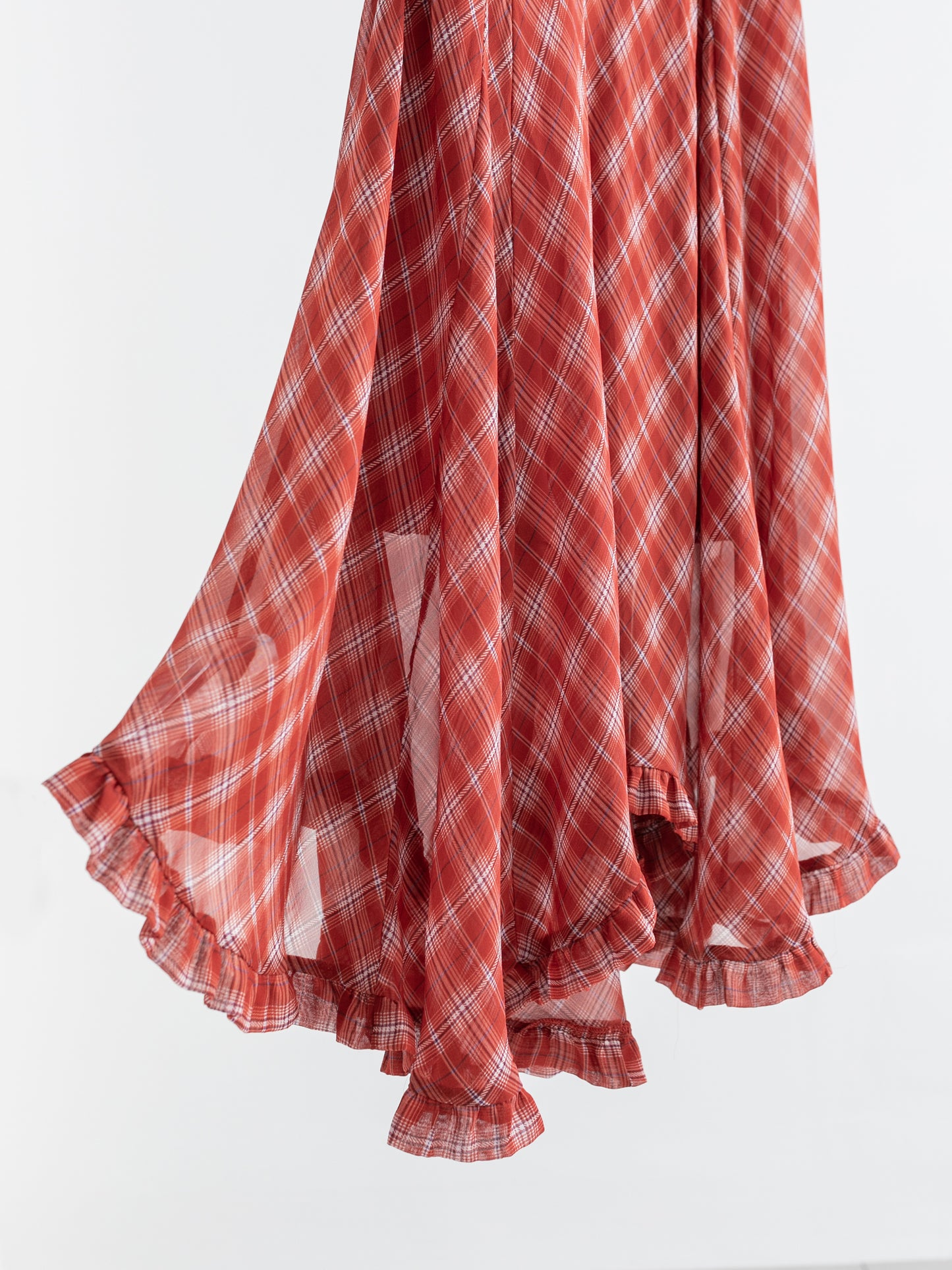 Silk Plaid Bias-Cut Ruffle Midi Skirt V011