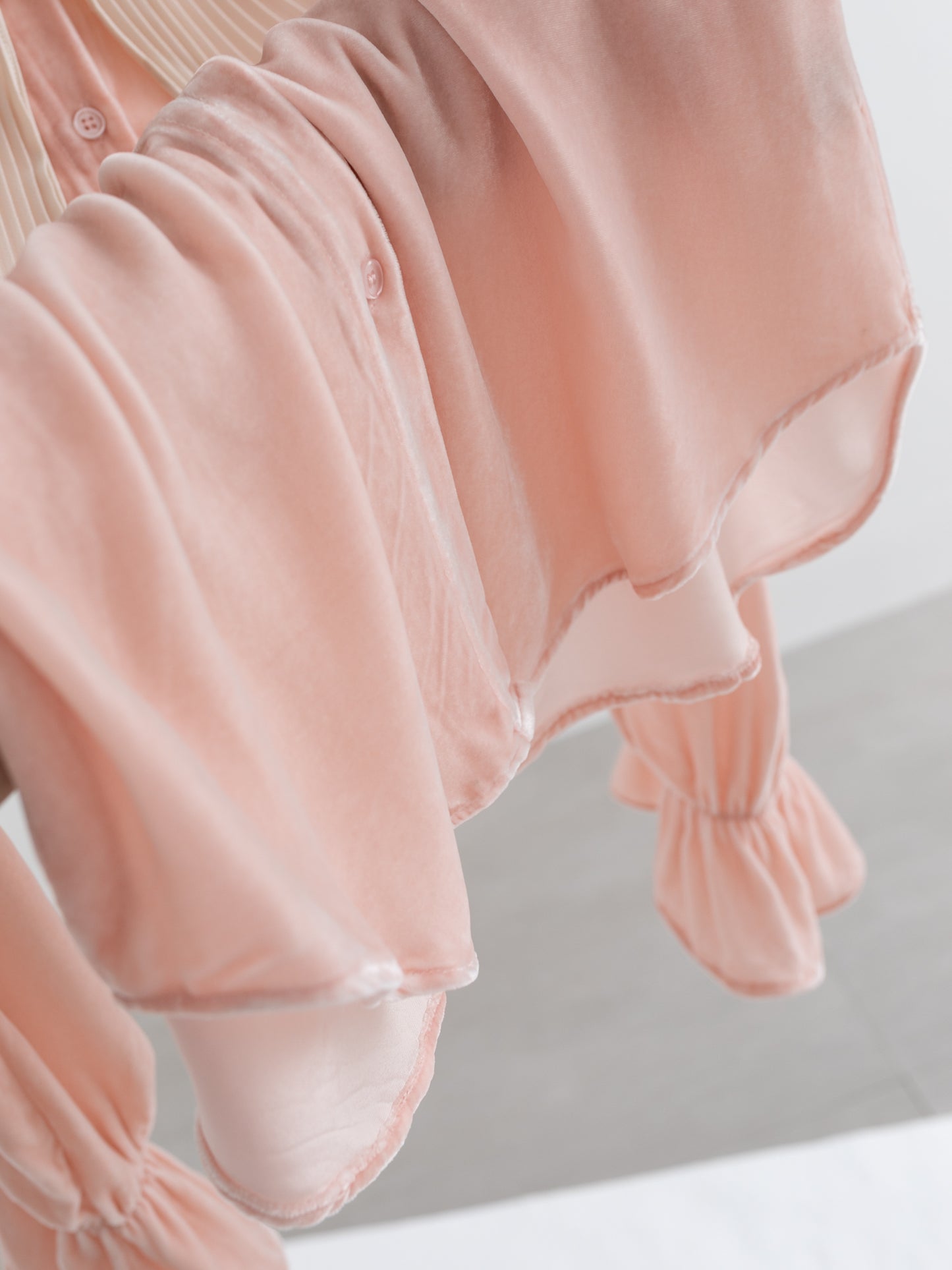 Mist Pink 100% Silk Lace Trim Long Sleeve Blouse V001