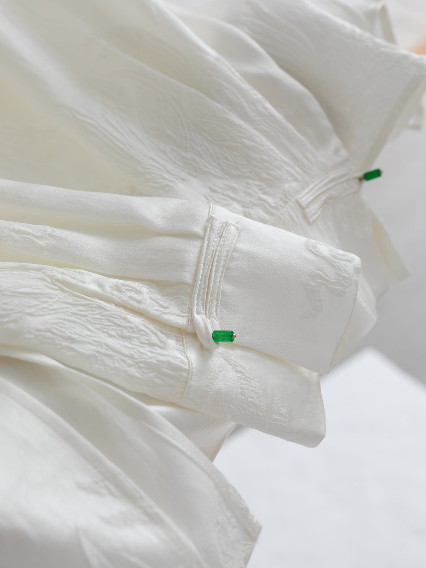 Ivory White 100% Silk Jacquard Blouse with Mandarin Collar & Knot Buttons V003