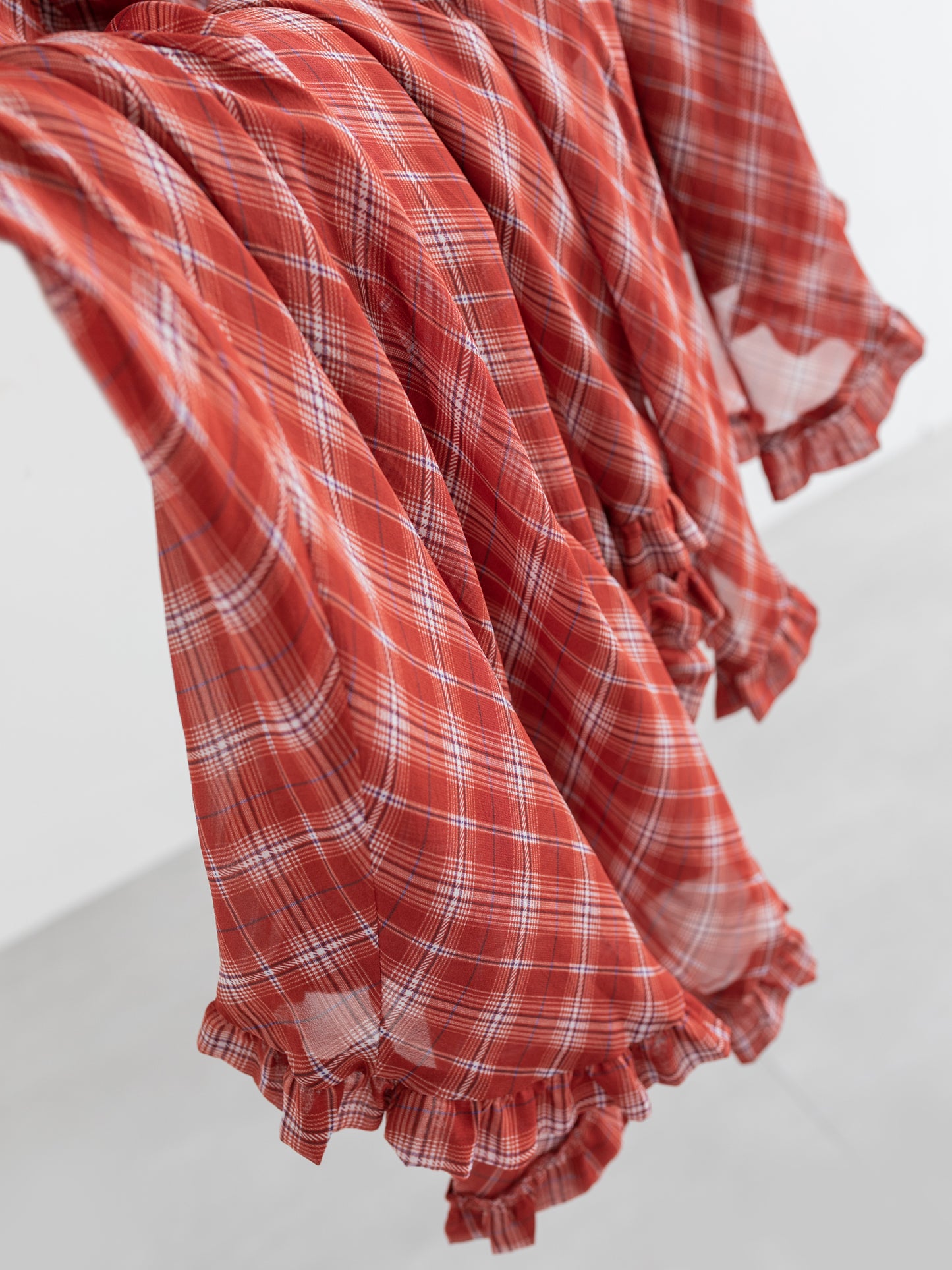 Silk Plaid Bias-Cut Ruffle Midi Skirt V011