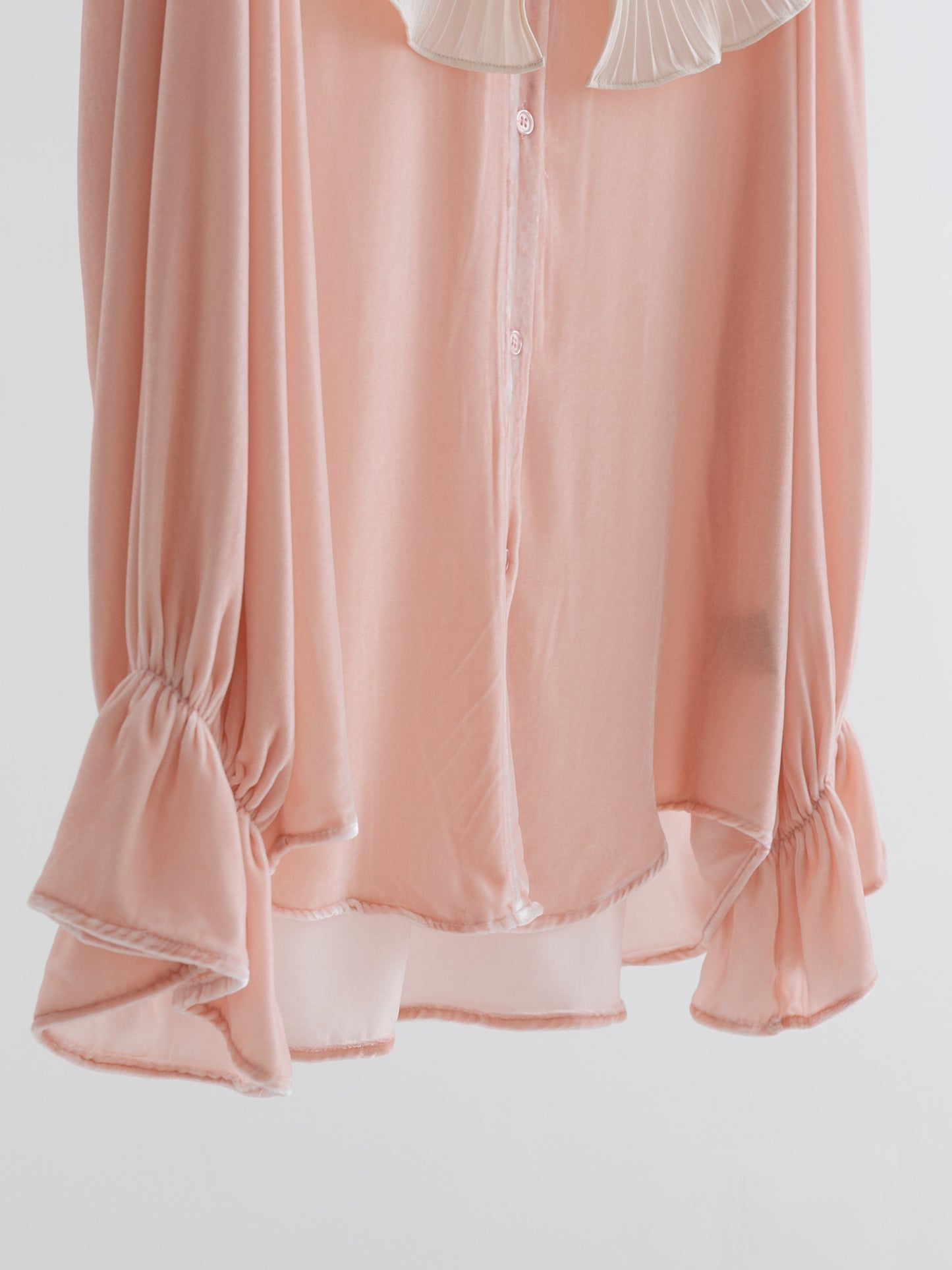 Mist Pink 100% Silk Lace Trim Long Sleeve Blouse V001