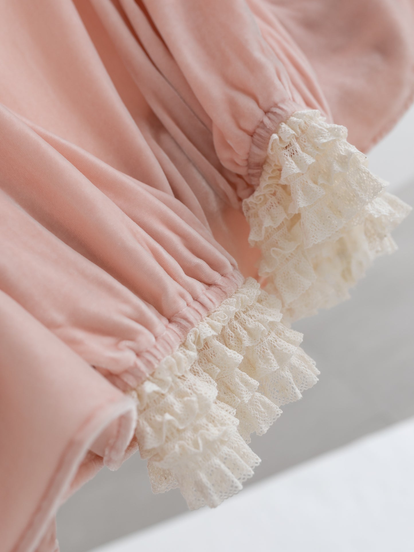 Mist Pink 100% Silk Lace Trim Long Sleeve Blouse V002