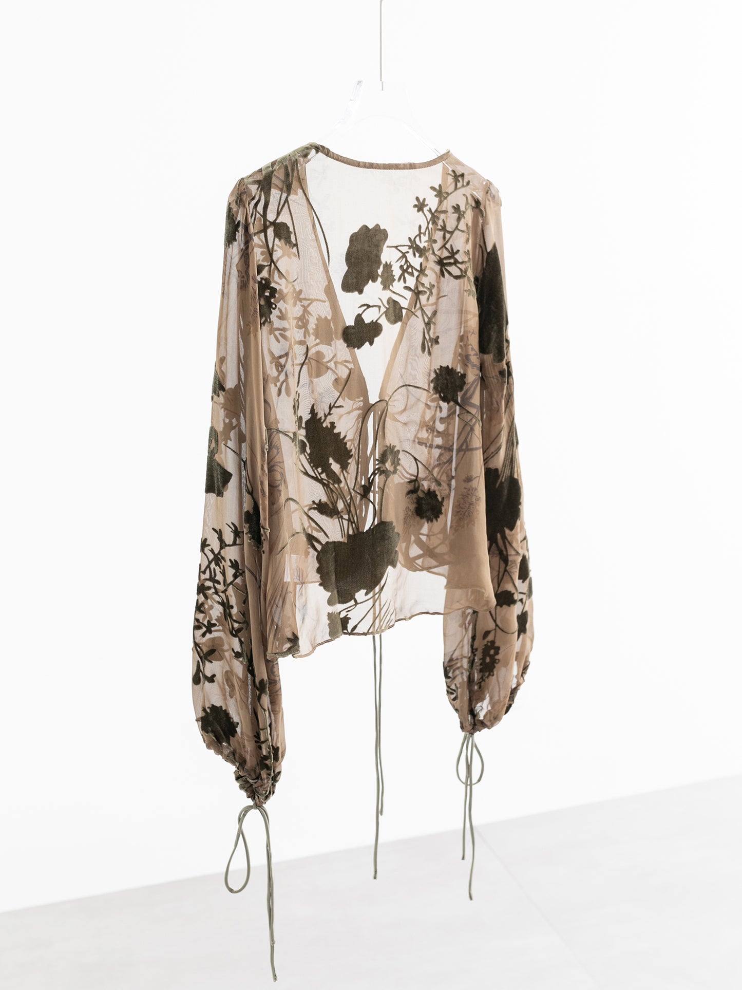 Sheer Silk Embroidered Tie Blouse V006