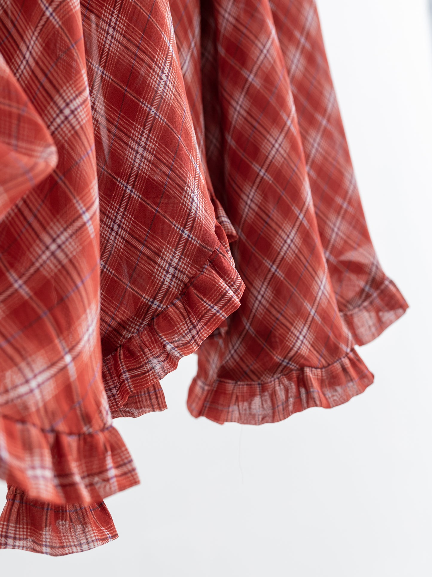 Silk Plaid Bias-Cut Ruffle Midi Skirt V011