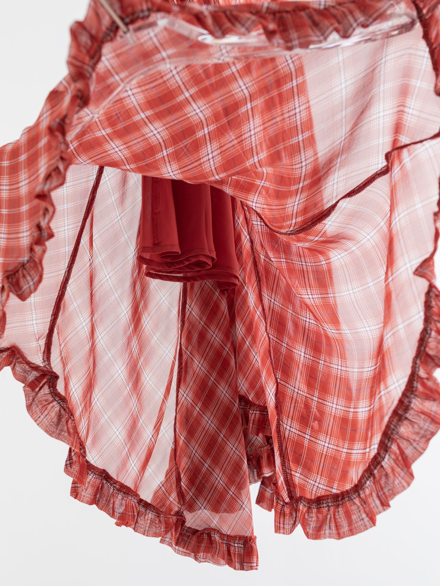 Silk Plaid Bias-Cut Ruffle Midi Skirt V011