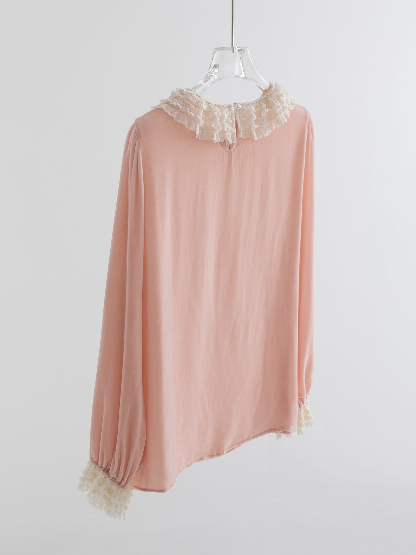 Mist Pink 100% Silk Lace Trim Long Sleeve Blouse V002