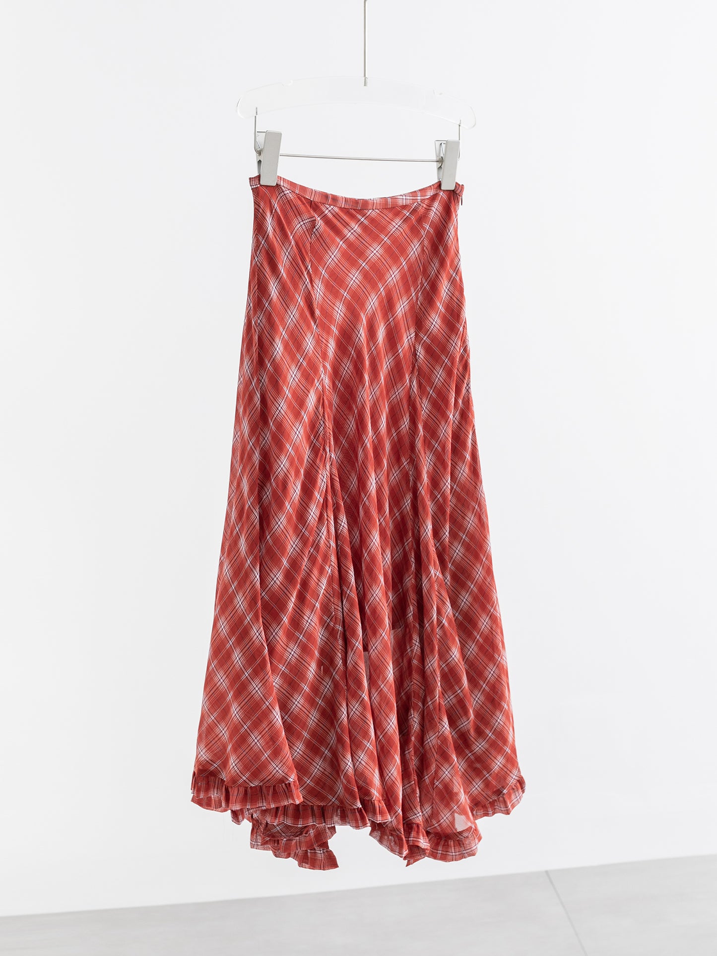 Silk Plaid Bias-Cut Ruffle Midi Skirt V011