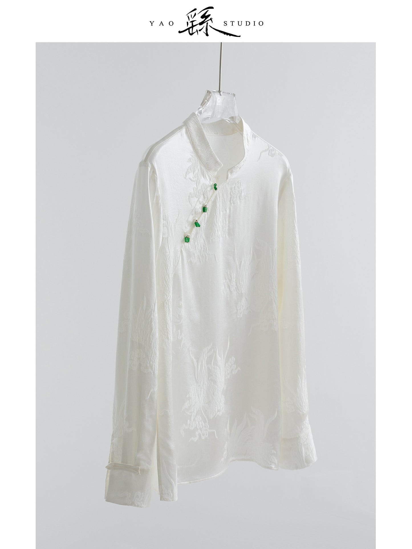 Ivory White 100% Silk Jacquard Blouse with Mandarin Collar & Knot Buttons V003