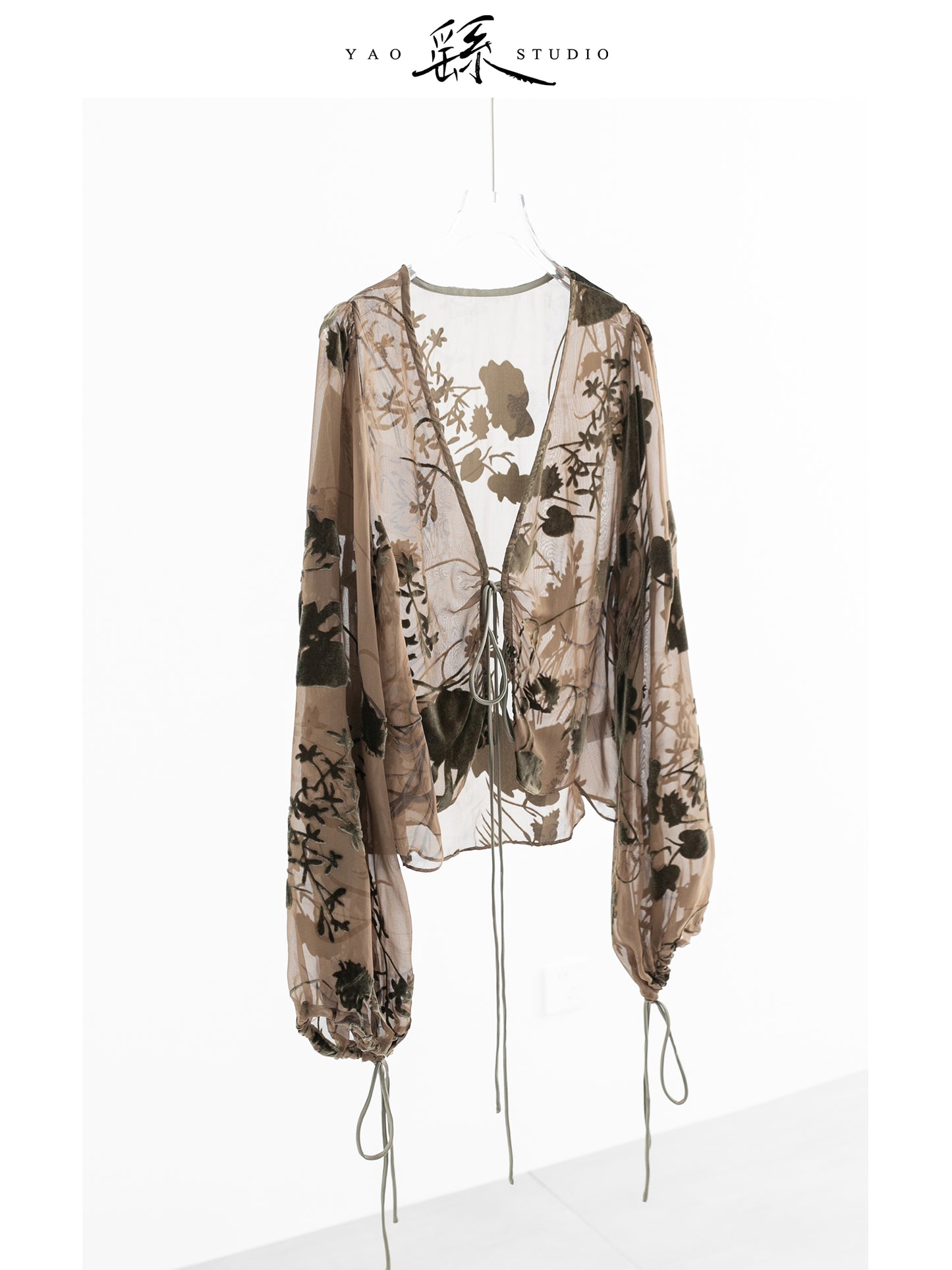 Sheer Silk Embroidered Tie Blouse V006