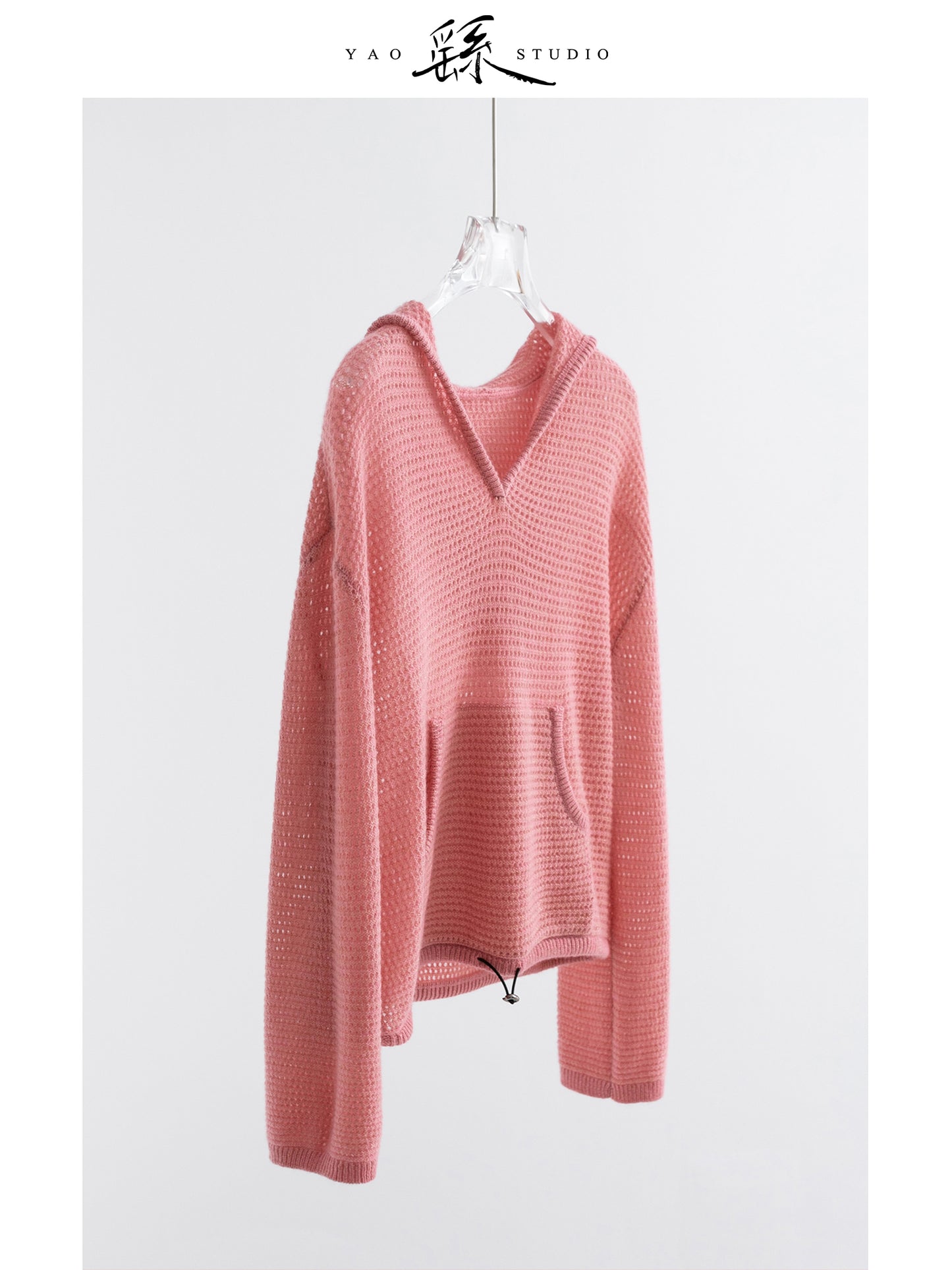 100% Cashmere Waffle-Knit Hooded Sweater – Cherry Blossom Pink, Relaxe V021d Slouch, Drawcord Hem V021