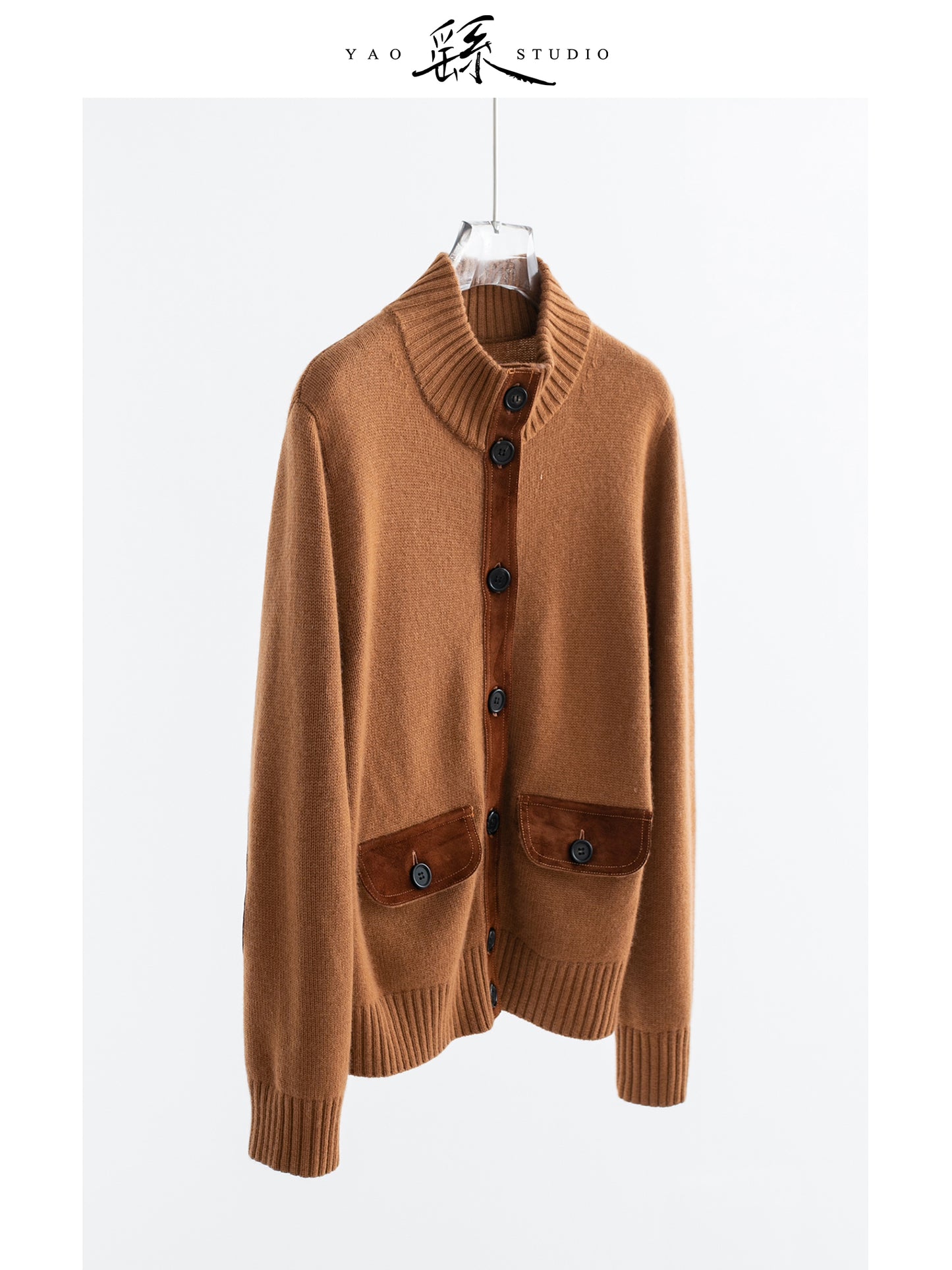 Women’s Wool-Cashmere Cardigan with Suede-Trim Stand Collar – Smoky Chestnut, Patch Pocket, Button Front Knit V020