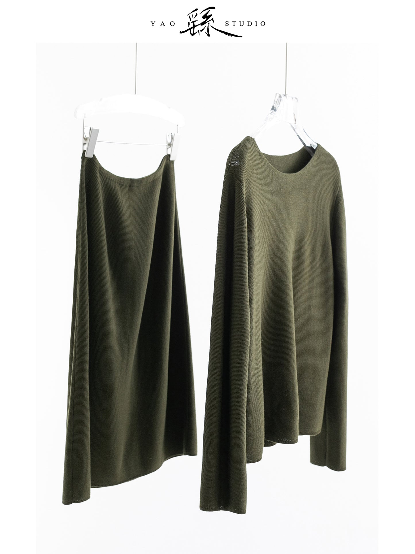 Silk–Wool Boat-Neck Knit Set — Long-Sleeve Top & Midi Skirt in Moss Gree V025