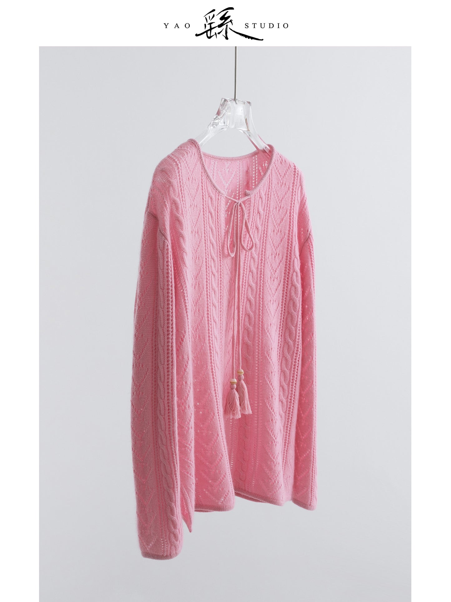 100% Lambswool Pointelle Cable-Knit Sweater – Soft Blush Pink, Relaxed Crewneck Jumper V019