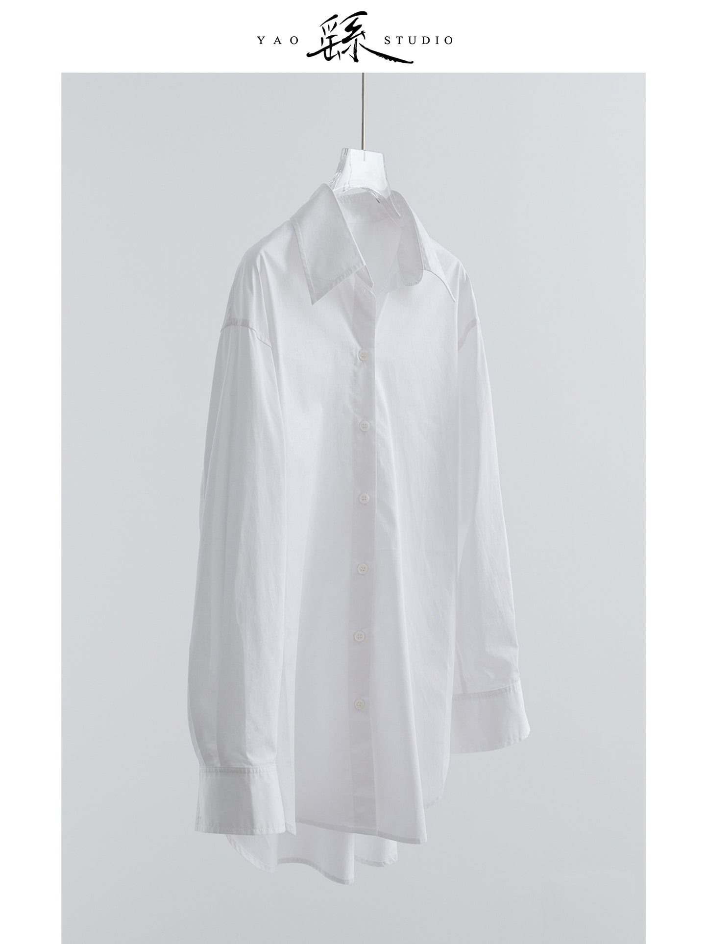 Cotton Oversized Shirt — Long-Point Collar, Curved Hi-Low Hem, Bright White V028