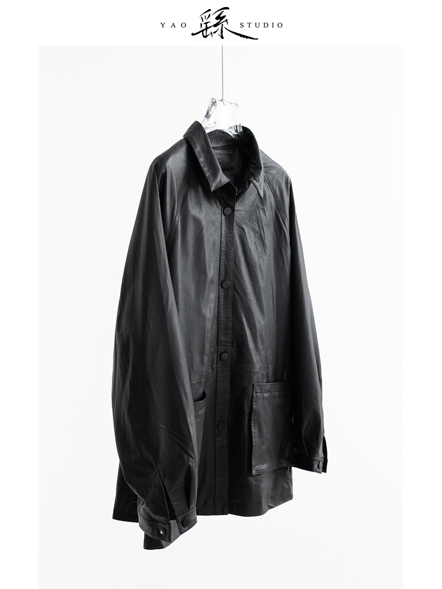 Women’s Oversized Lambskin Leather Jacket — Plant-Tanned, Snap Front, Patch Pockets (Ink Black) V022