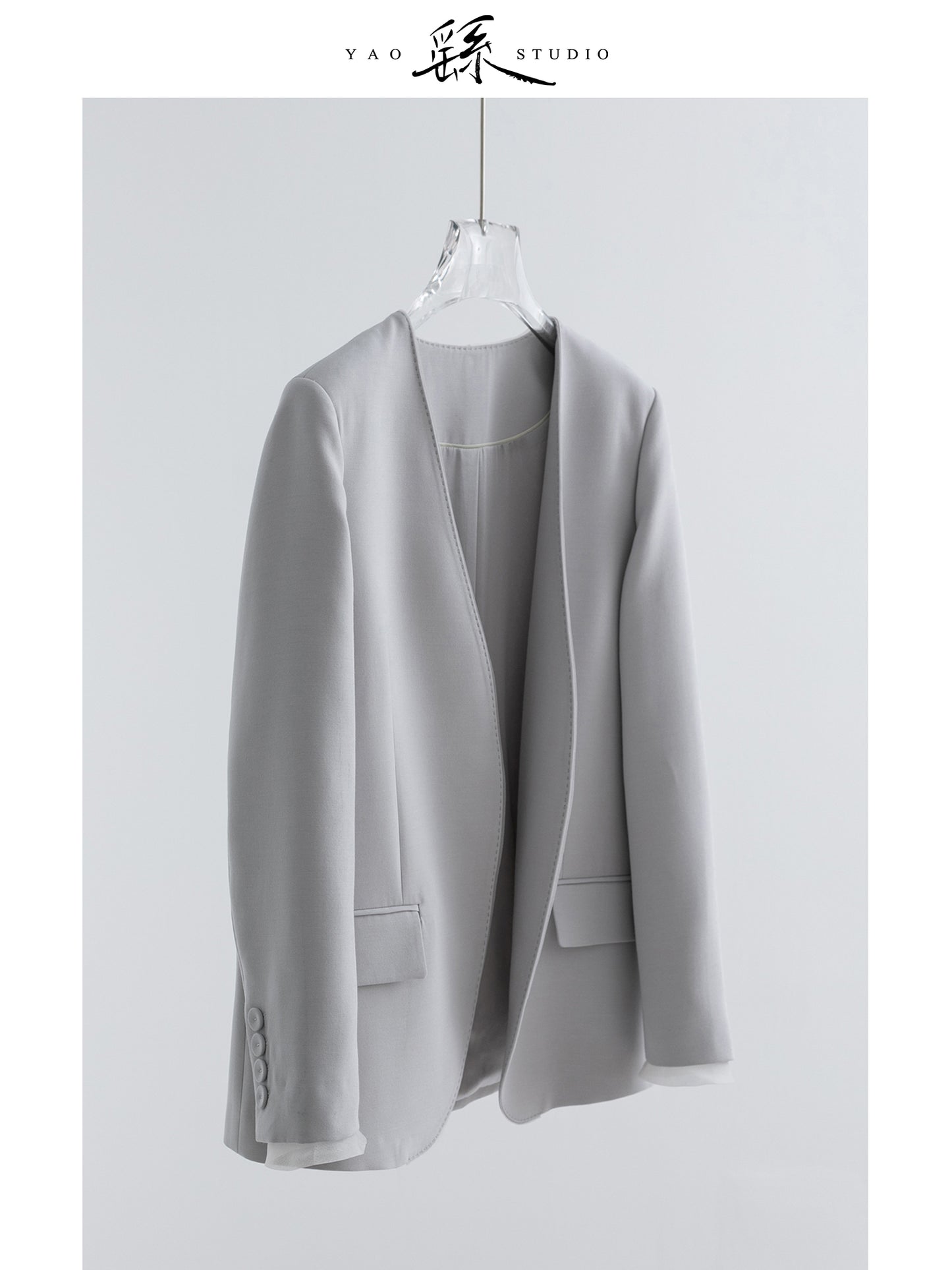 Luxury Silk-Cashmere Blazer – Cutaway Open Front, 100% Silk Facing | Moon-Grey V017
