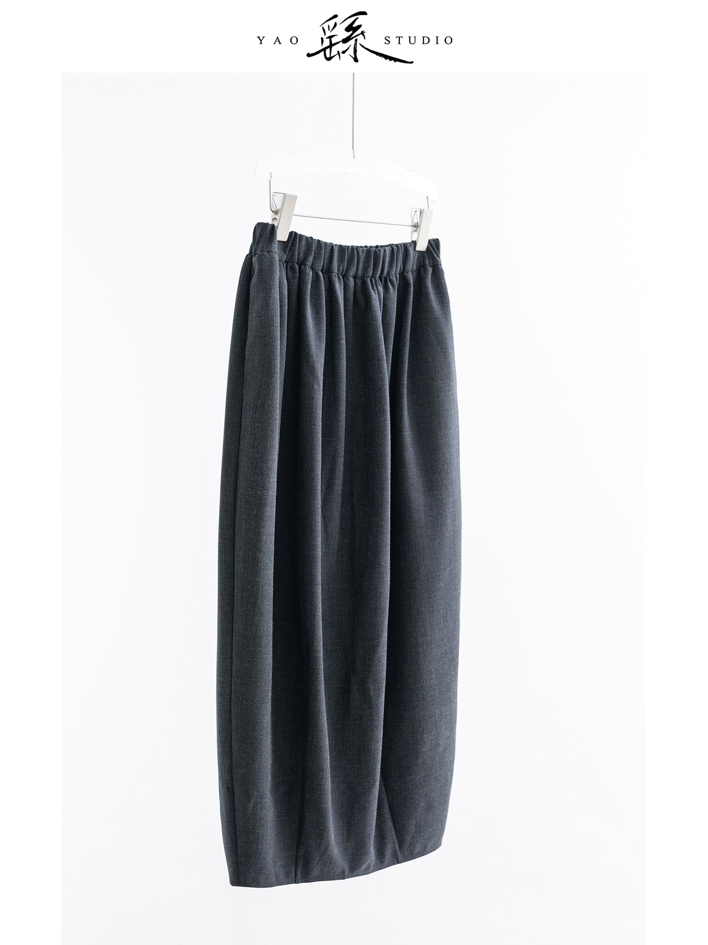 Wool-Blend Balloon Midi Skirt – Elastic Waist, Cocoon Silhouette | Deep Charcoal V014