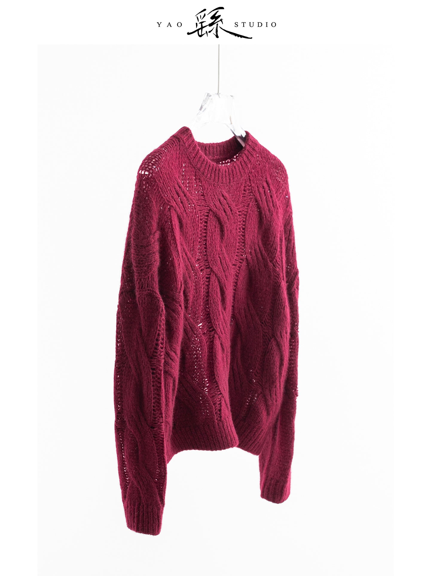 Cashmere–Silk Chunky Cable Jumper – Slouchy Vintage Texture, Wine Red V018
