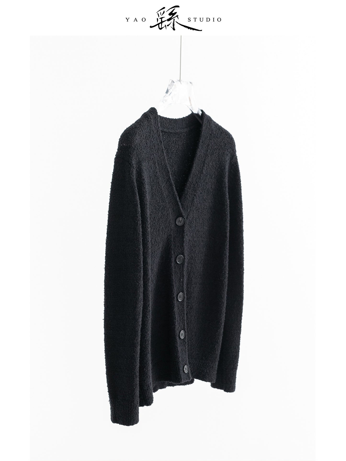 Bouclé Cotton V-Neck Cardigan — Deep Black | 100% Cotton, Cozy Button-Front Knit V023