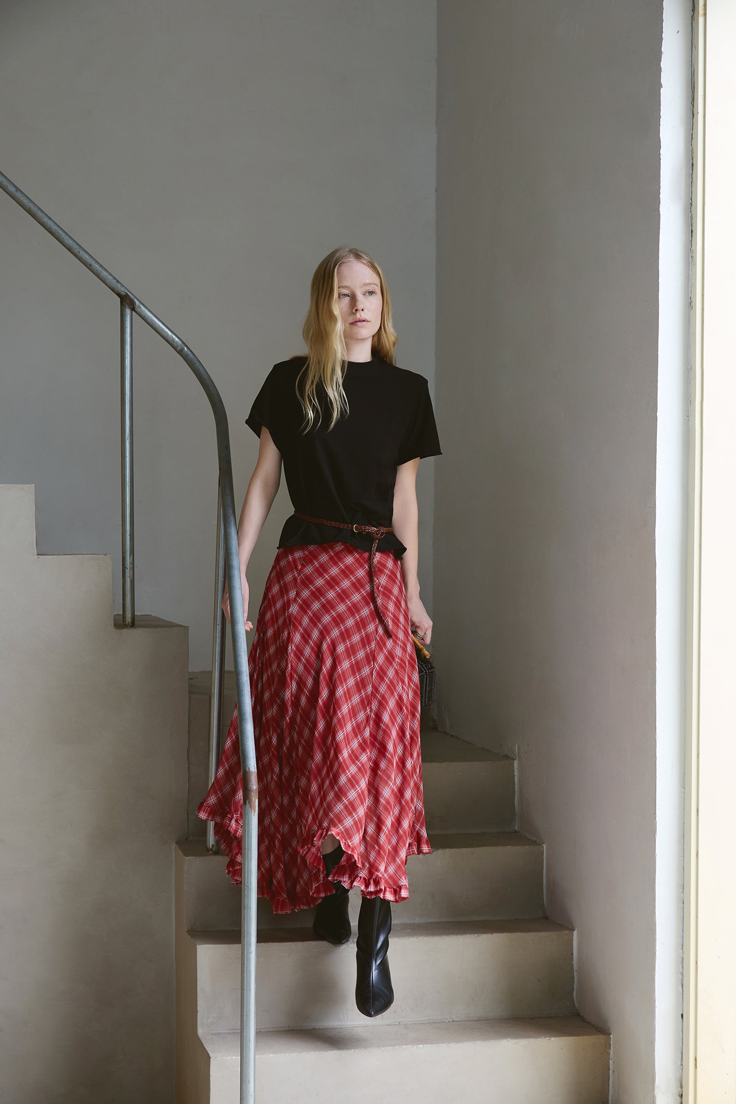 Silk Plaid Bias-Cut Ruffle Midi Skirt V011