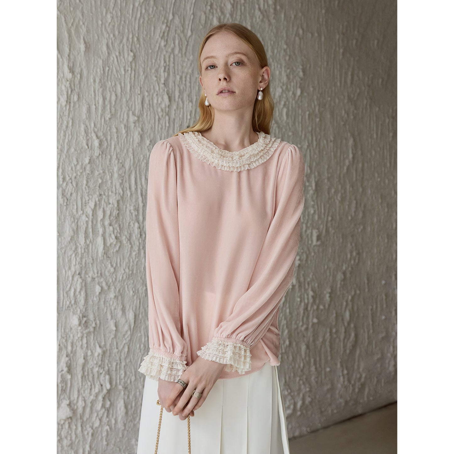 Mist Pink 100% Silk Lace Trim Long Sleeve Blouse V002