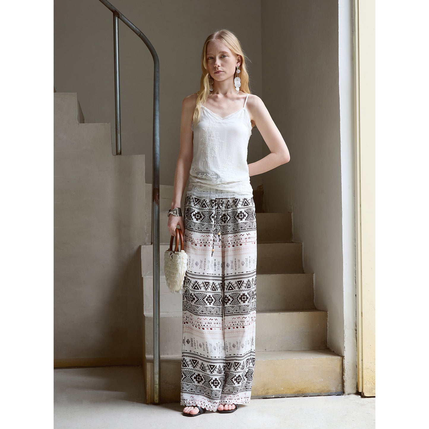 Silk Geometric Print Wide-Leg Pants V010