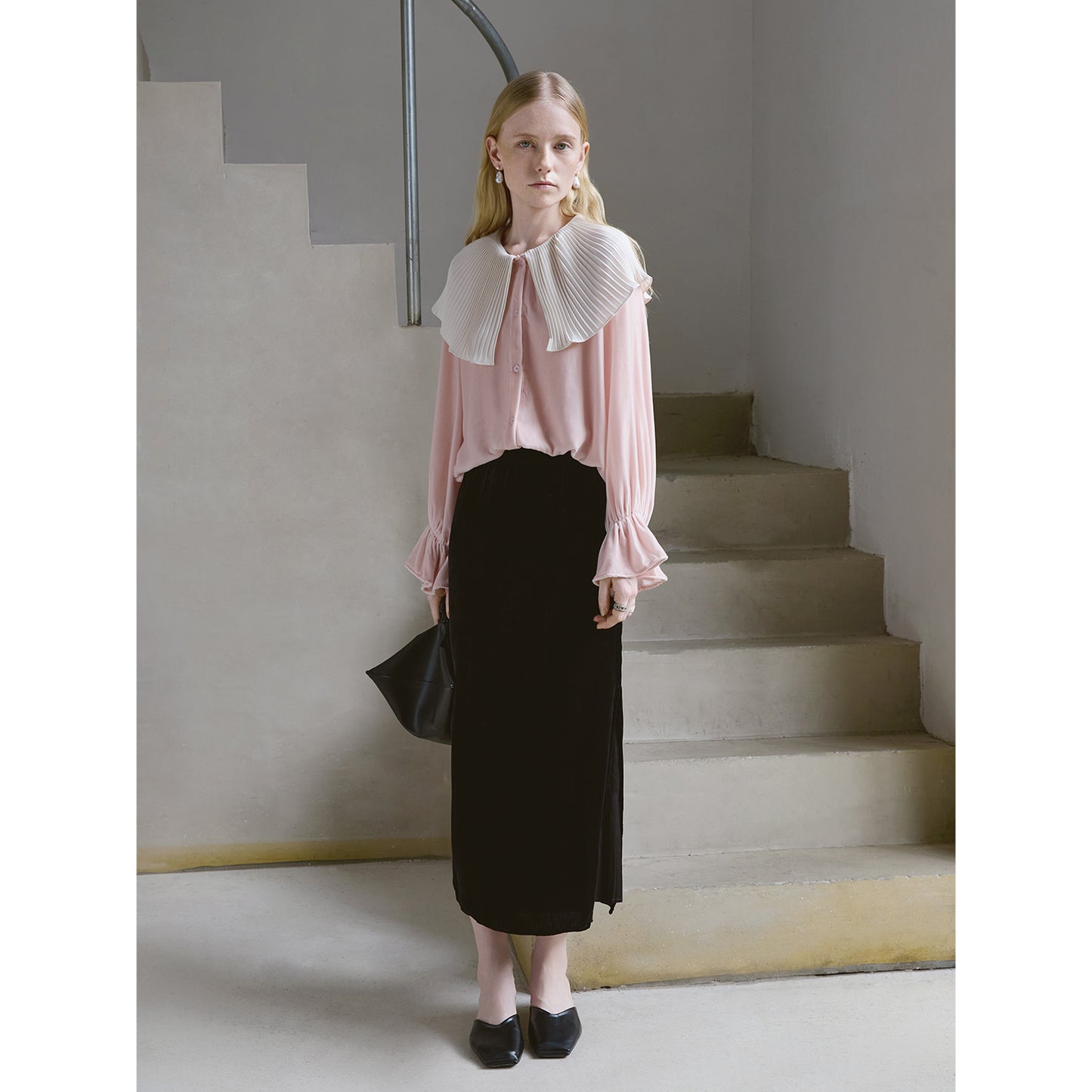Mist Pink 100% Silk Lace Trim Long Sleeve Blouse V001