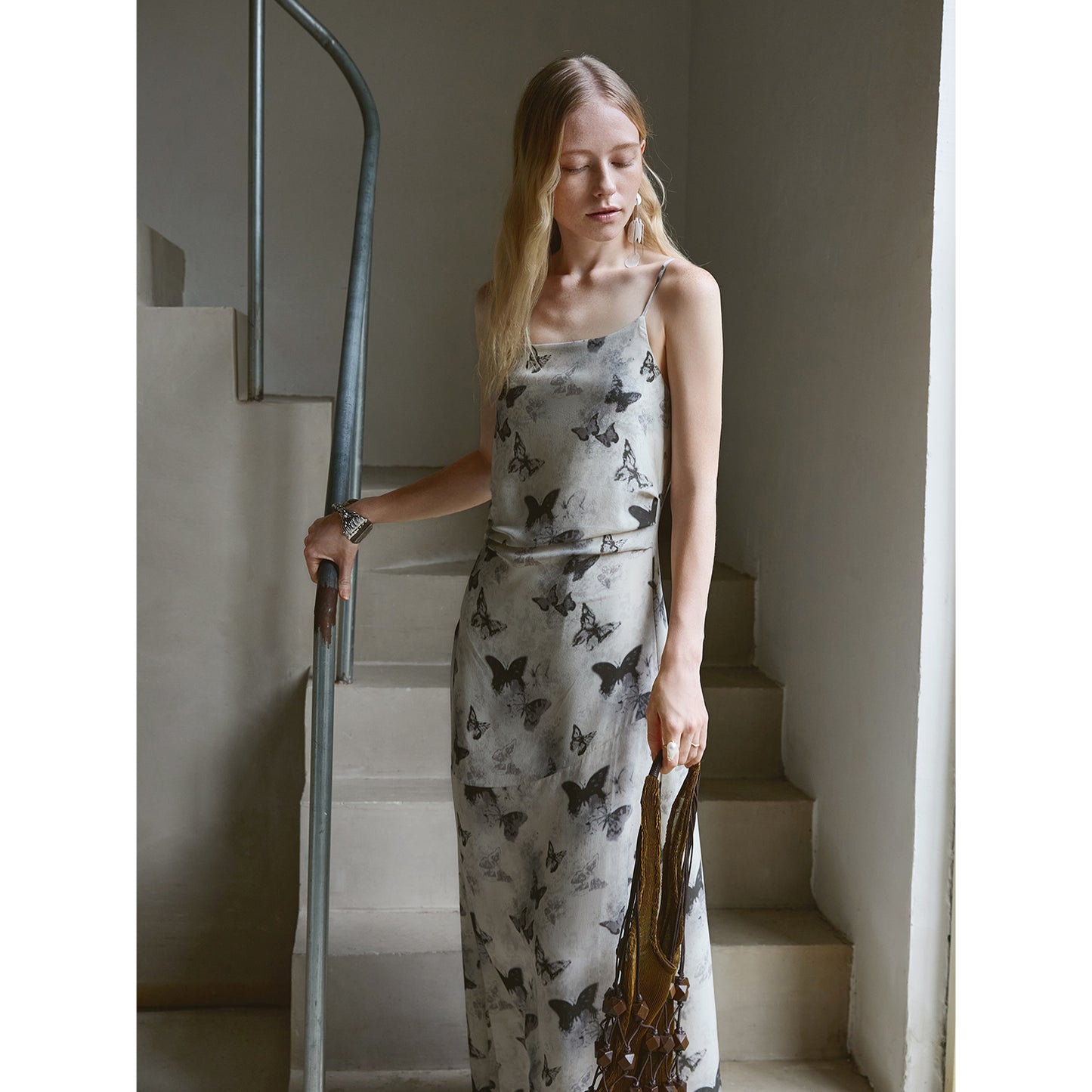 Silk Butterfly Print Slip Dress V007