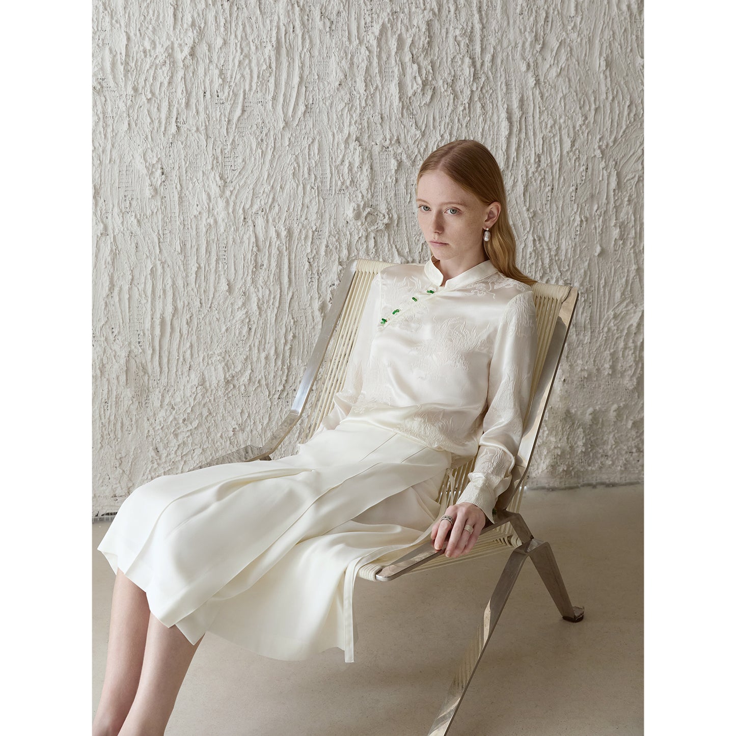 Ivory White 100% Silk Jacquard Blouse with Mandarin Collar & Knot Buttons V003