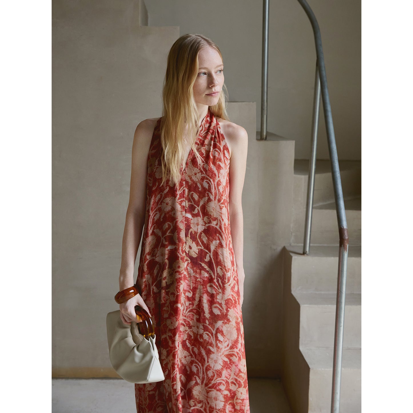 Silk Floral Halter Maxi Dress V009