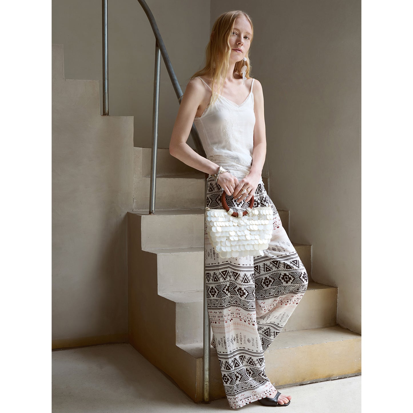 Silk Geometric Print Wide-Leg Pants V010