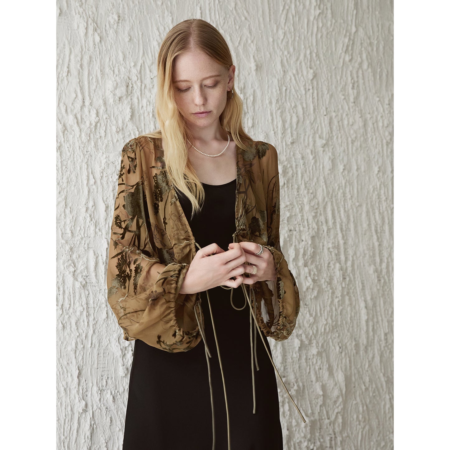 Sheer Silk Embroidered Tie Blouse V006