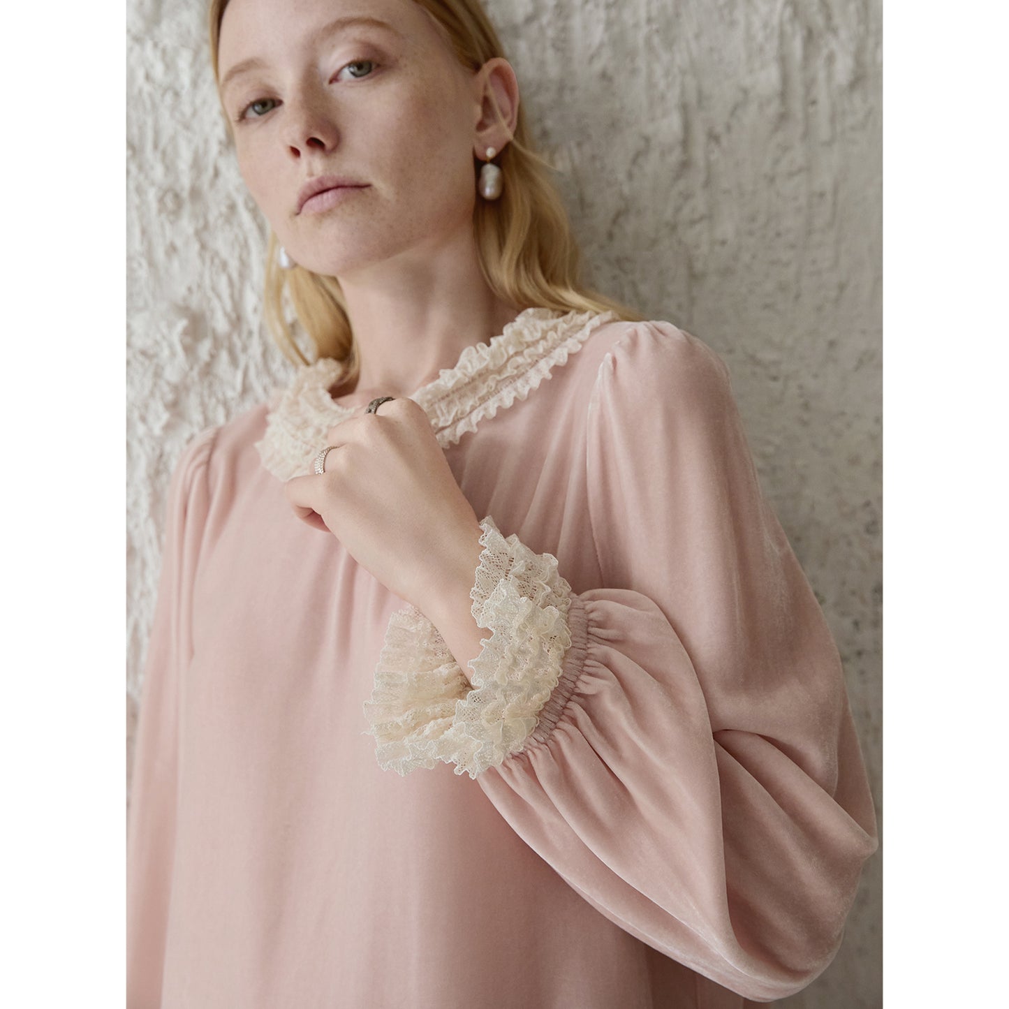 Mist Pink 100% Silk Lace Trim Long Sleeve Blouse V002