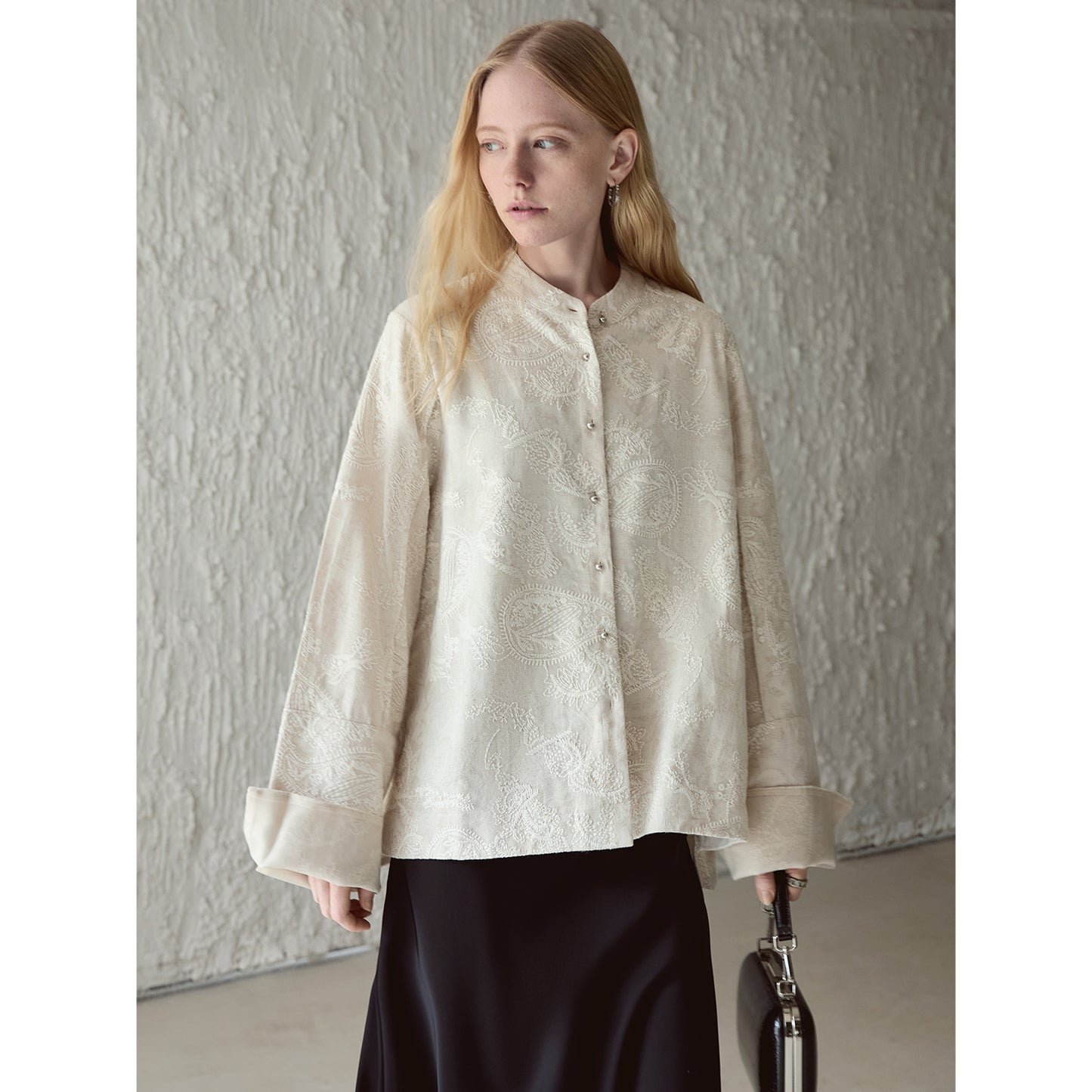 Linen-Cotton Jacquard Mandarin Collar Jacket V005