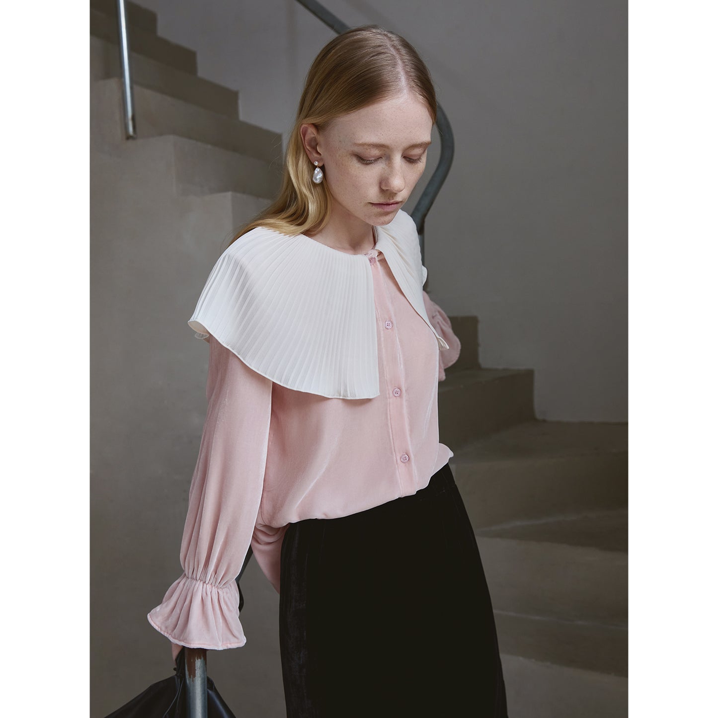 Mist Pink 100% Silk Lace Trim Long Sleeve Blouse V001