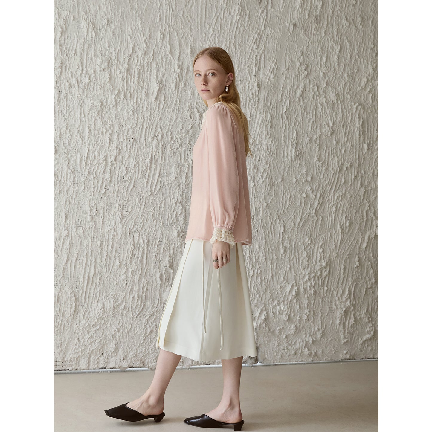 Mist Pink 100% Silk Lace Trim Long Sleeve Blouse V002