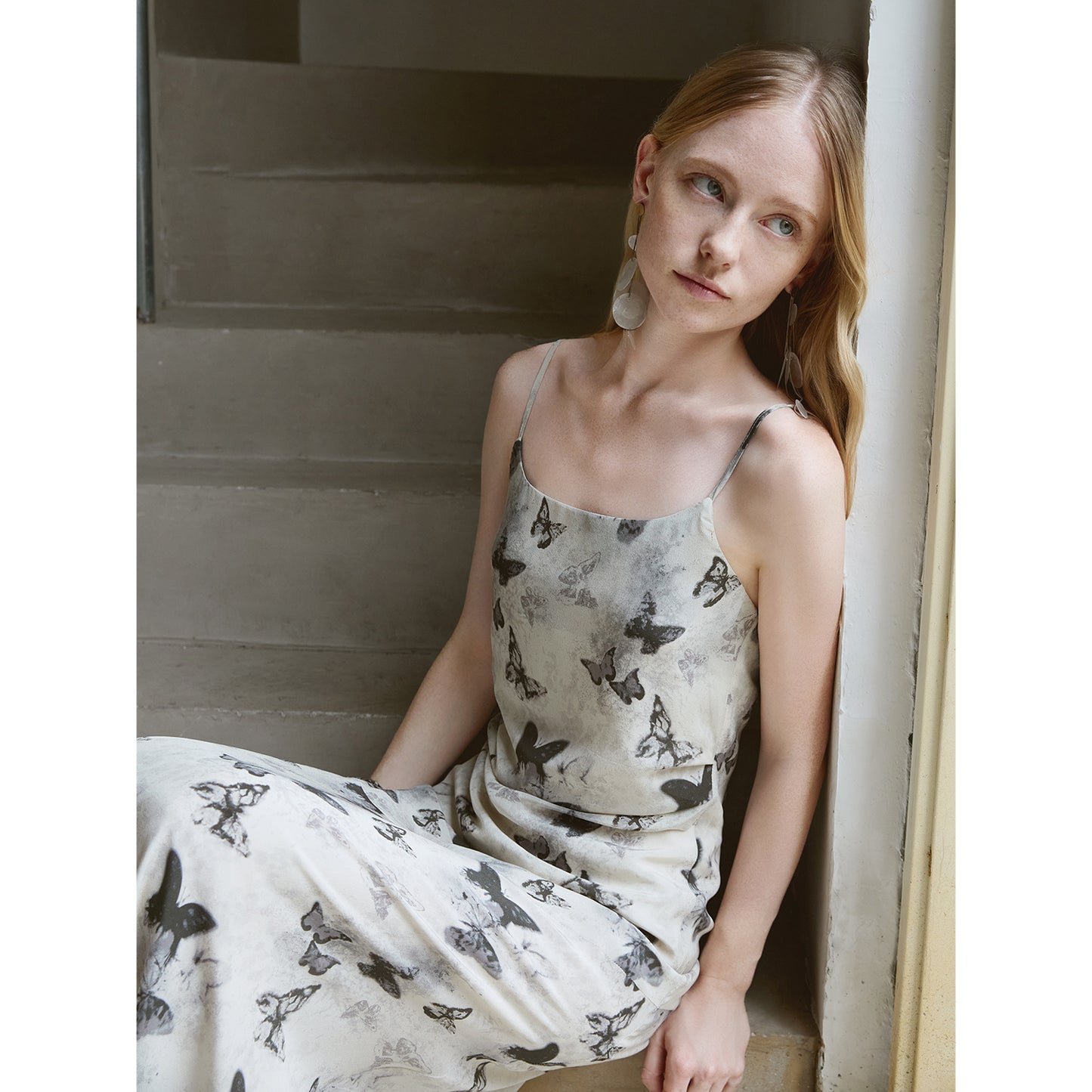 Silk Butterfly Print Slip Dress V007