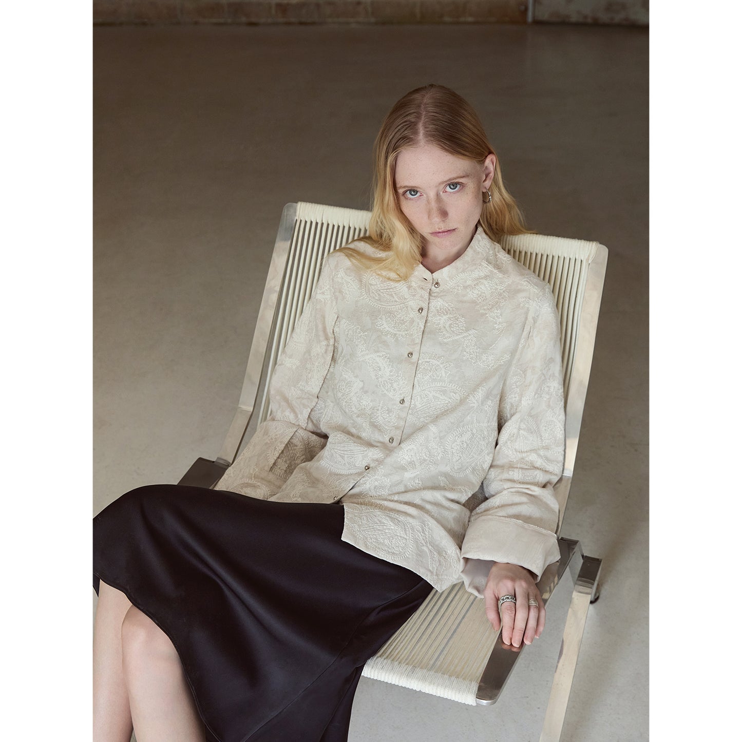 Linen-Cotton Jacquard Mandarin Collar Jacket V005