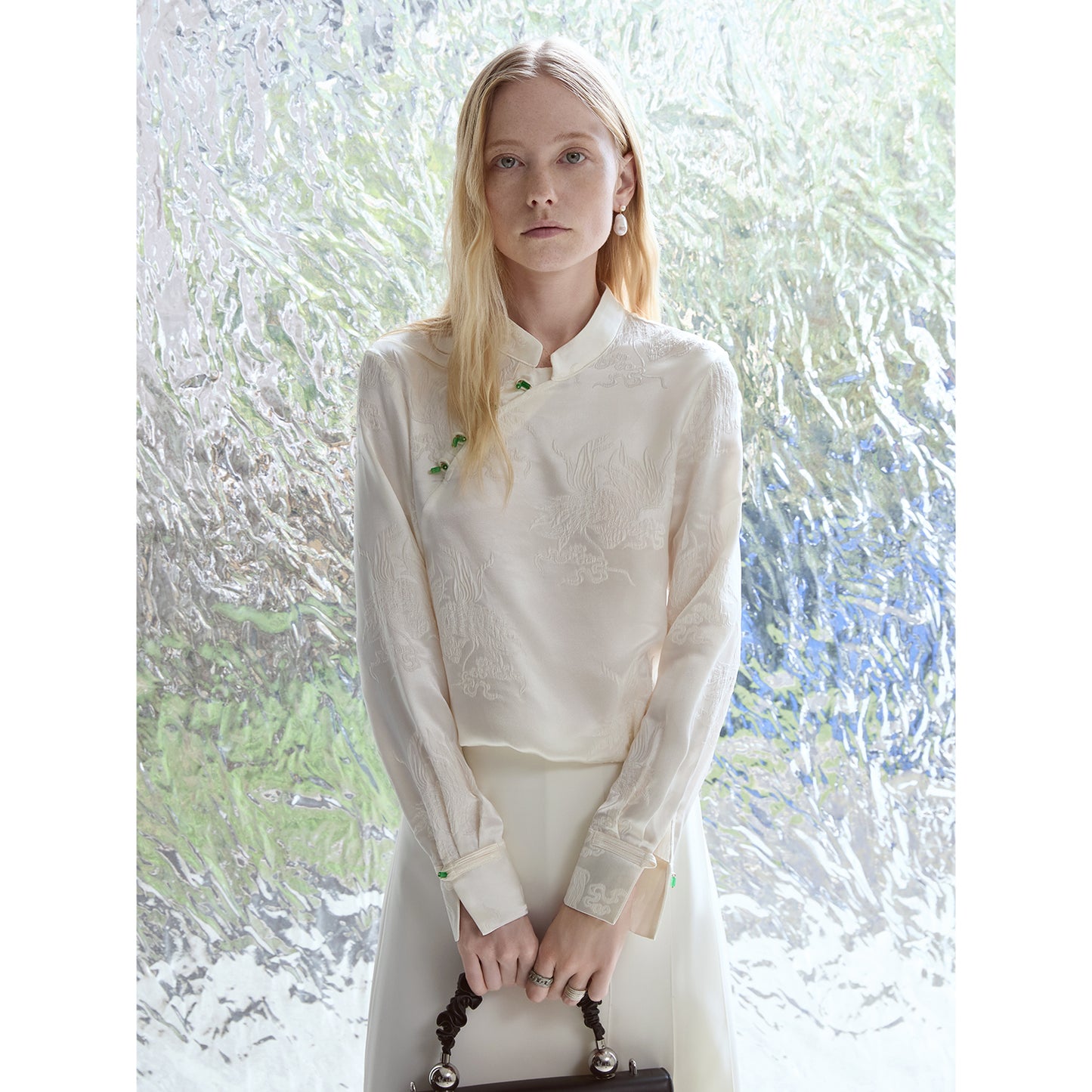 Ivory White 100% Silk Jacquard Blouse with Mandarin Collar & Knot Buttons V003