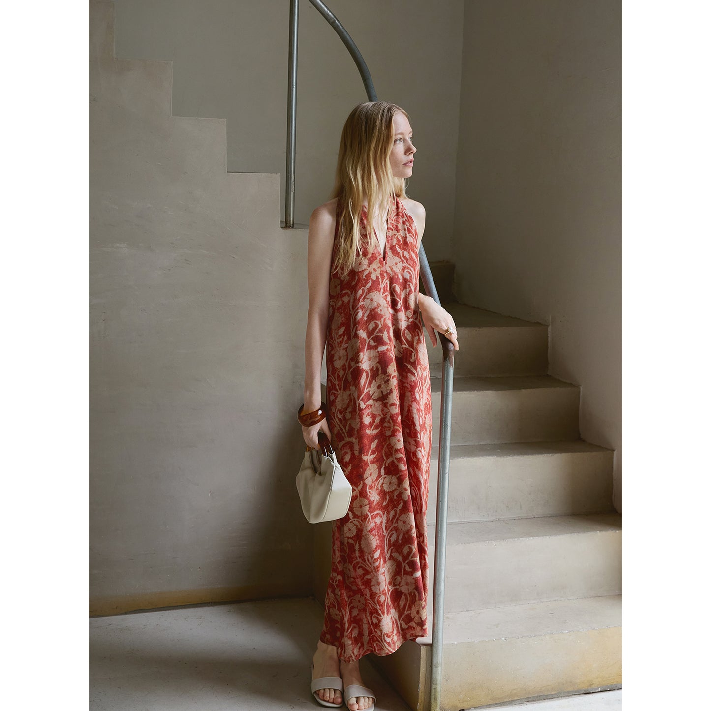 Silk Floral Halter Maxi Dress V009